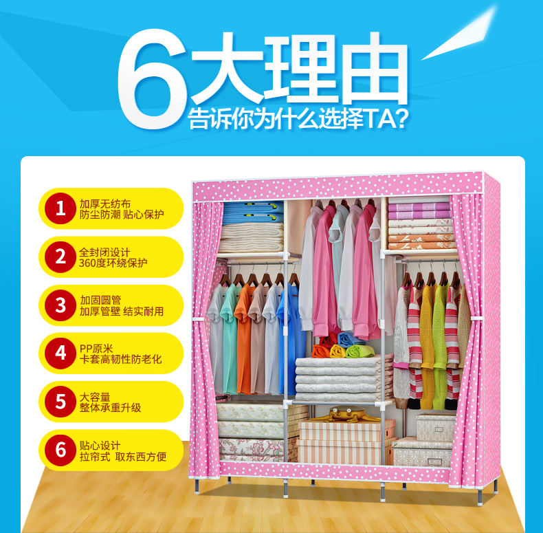 索尔诺布衣柜简易收纳衣服柜子出租房寝室卧室组合组装简约布衣柜储物柜 1381 粉色圆点