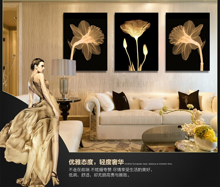 
                                        美美爱 现代壁画客厅装饰画简约无框画水晶金色年华挂画餐厅  25mm环保板 水晶膜 透明花百年好合三联 50*70CM                