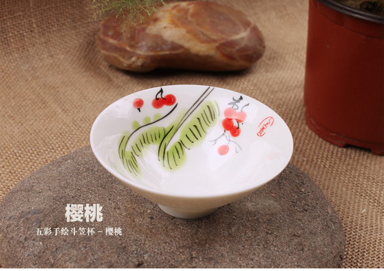 
                                        家茗茶具 手绘功夫茶杯 斗笠品茗茶杯 手绘精品 适用自用礼品家具摆设 D-五彩手绘斗笠杯(八杯)                