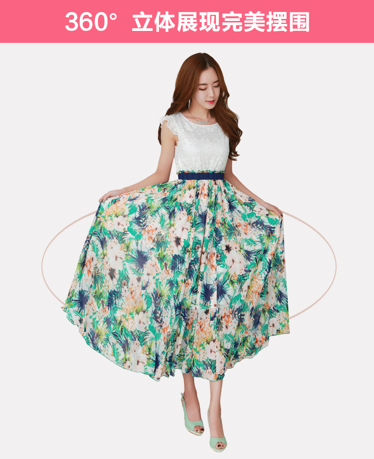 新款2016夏季加大码女装唯美蕾丝拼接大摆雪纺飘逸印花长裙胖mm