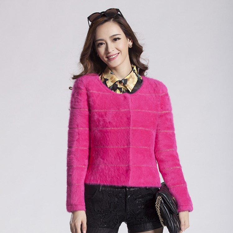 圣绒娇 短款长毛<em>水貂绒开衫</em>外套加厚女士毛衣