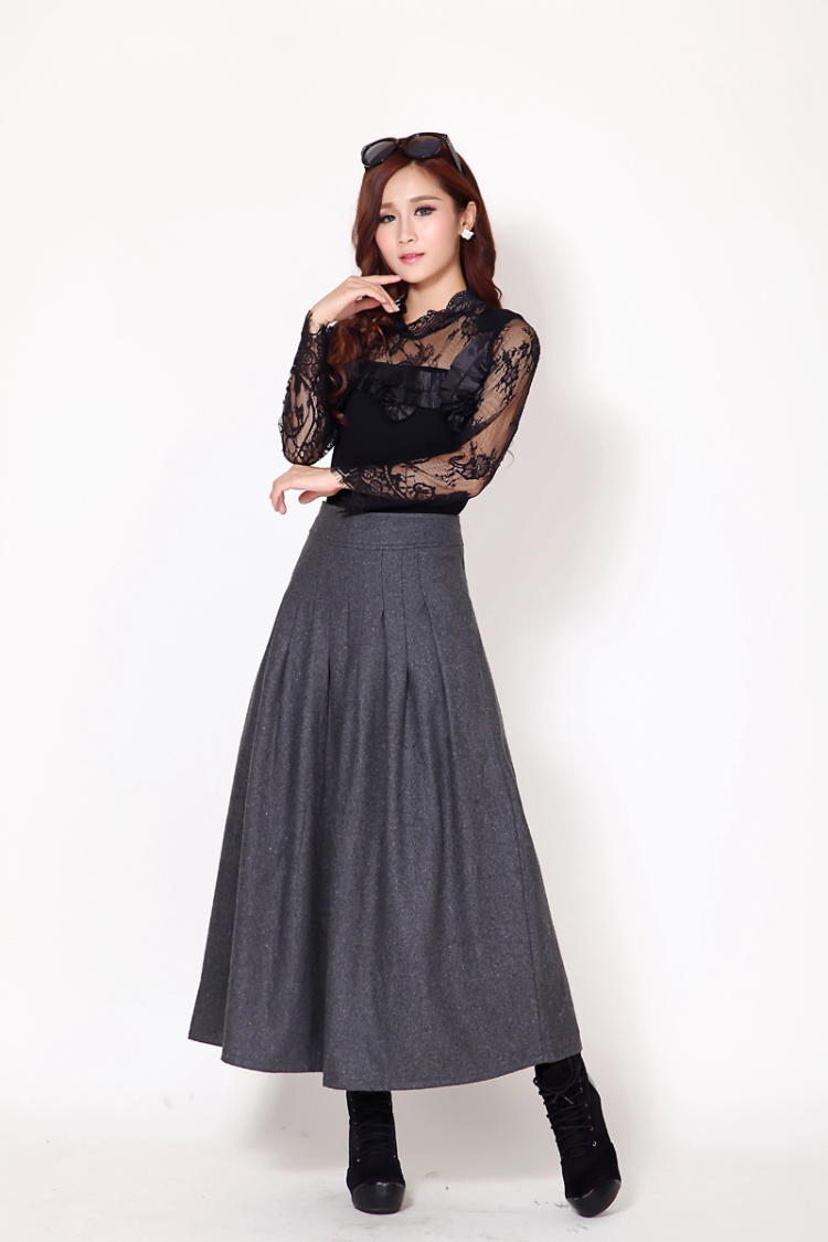 芮婕服装店*2014秋冬新款大码修身显瘦毛呢裙子半身裙中长百褶裙女长裙 灰色 XXL