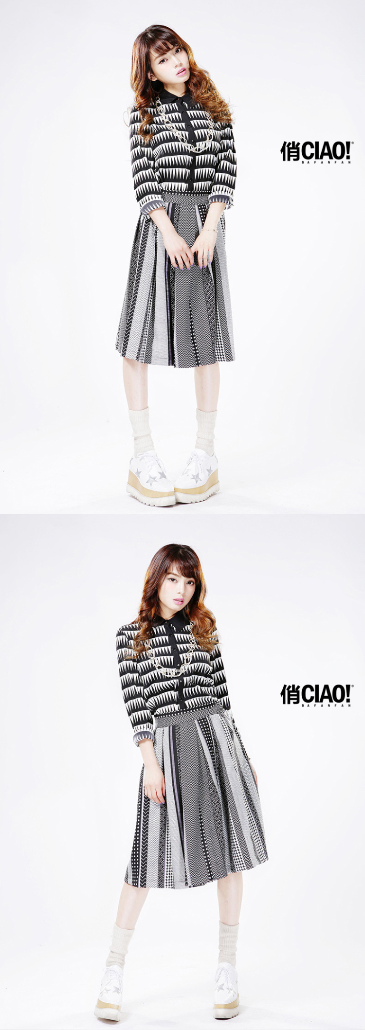 CIAO!俏2015春衬衣中长款黑白印花女装 复古印花休闲雪纺衬衫长袖CWESRFF009 花色 M
