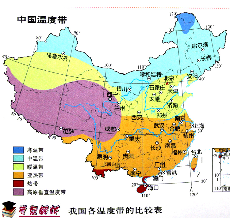 中国温度带分布图 7.我国各温度带的比较表 8.中国冬,夏季风示意图 9.