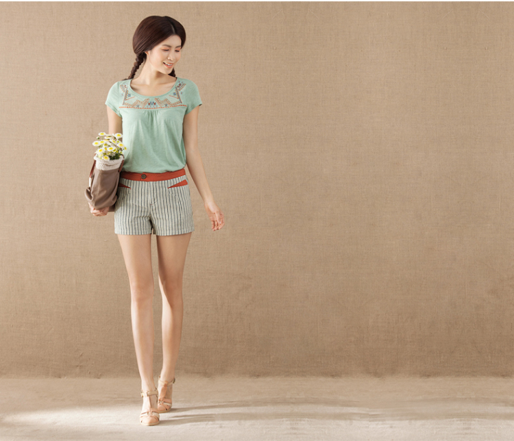 茵曼2014夏装新款文艺<em>棉</em>竖<em>条纹短裤</em>热裤<em>女</em>【