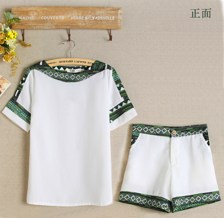 夏尔维纳2015夏装新品韩版时尚气质简约偏薄短袖短裤拼接雪纺衫套装女装两件套0511 天蓝色 M