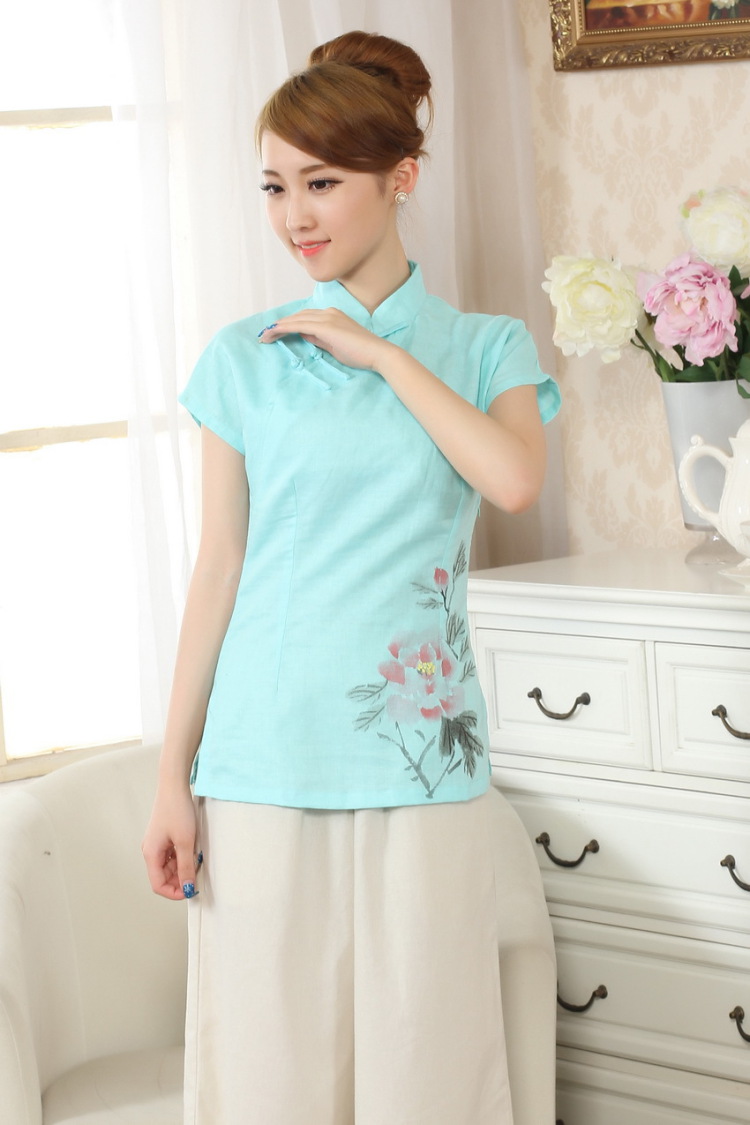 The frequency response, Ms. Tang Women's clothes summer wear T-shirt, cotton for the hand-painted Chinese Han-female improved Tang replace short-sleeve - A blue L pictures, price, brand platters! Elections are good character, the national distribution, so why buy now enjoy more preferential! Health