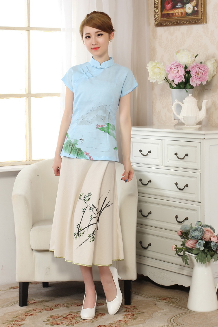 The frequency response, Ms. Tang Women's clothes summer wear T-shirt, cotton for the hand-painted Chinese Han-female improved Tang replace short-sleeve - A blue 2 XL pictures, price, brand platters! Elections are good character, the national distribution, so why buy now enjoy more preferential! Health