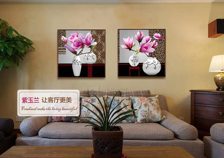 
                                        格丽 客厅装饰画有框现代简约餐厅壁画沙发背景墙画家居装饰品三联组合拼套花卉挂画 粉紫玉兰花 粉紫玉兰花双联 60*60cm                