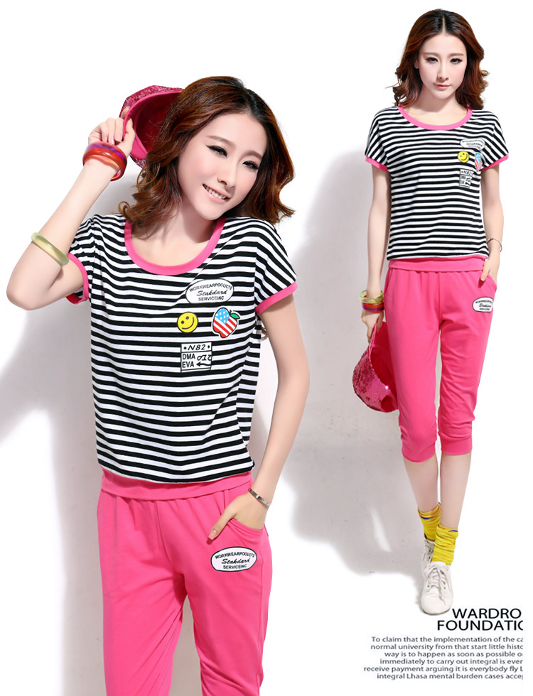 The Pei-hee 2015 new summer leisure package Korean Stylish Girl stripes short-sleeved 7 pants Kit uniforms blue XXL pictures, price, brand platters! Elections are good character, the national distribution, so why buy now enjoy more preferential! Health