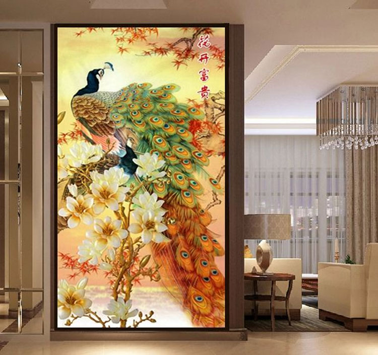 
                                        皇家彼岸十字绣印花新款客厅大画玉兰花开富贵孔雀开屏图牡丹花竖版玄关十字绣套件 中格丝线印花70*124                