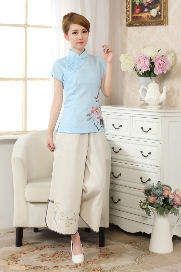 The frequency response, Ms. Tang Women's clothes summer wear T-shirt, cotton for the hand-painted Chinese Han-female improved Tang replace short-sleeve - A blue L pictures, price, brand platters! Elections are good character, the national distribution, so why buy now enjoy more preferential! Health