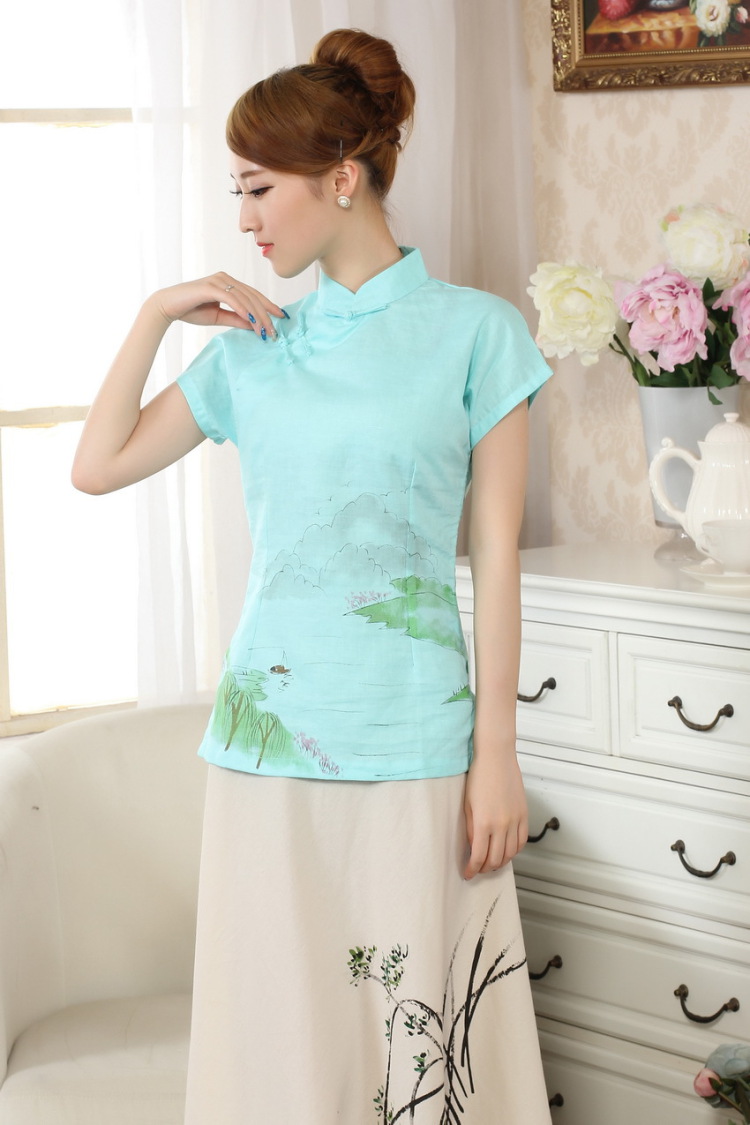 The frequency response, Ms. Tang Women's clothes summer wear T-shirt, cotton for the hand-painted Chinese Han-female improved Tang replace short-sleeve - A blue 2 XL pictures, price, brand platters! Elections are good character, the national distribution, so why buy now enjoy more preferential! Health
