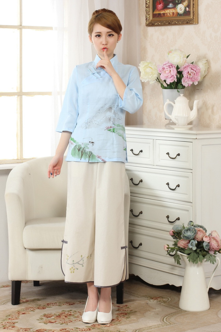 And Jing Ge female Tang Women's clothes summer T-shirt, for a tight hand-painted cotton the Chinese Han-female improved light blue 2 XL pictures, price, brand platters! Elections are good character, the national distribution, so why buy now enjoy more preferential! Health