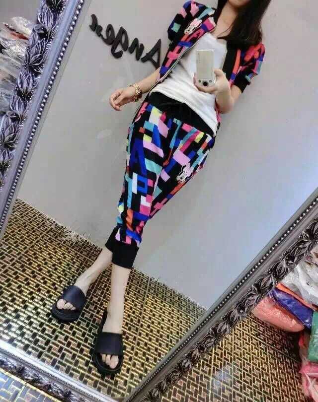 路易七匹龙 欧洲站夏季新款卡通亮片彩条短袖开衫+中裤两件套装F8894 黑色  XL