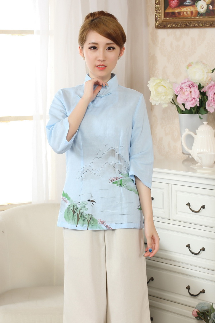 And Jing Ge female Tang Women's clothes summer T-shirt, for a tight hand-painted cotton the Chinese Han-female improved light blue 2 XL pictures, price, brand platters! Elections are good character, the national distribution, so why buy now enjoy more preferential! Health