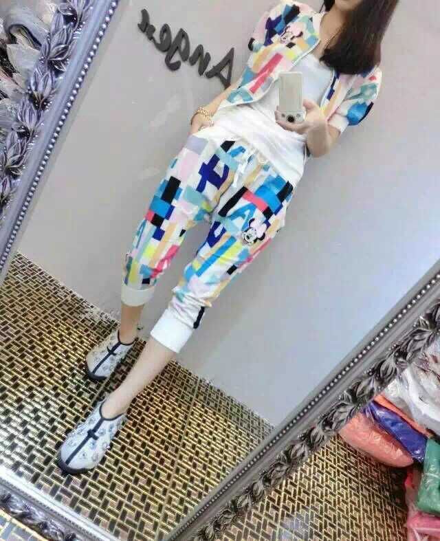 路易七匹龙 欧洲站夏季新款卡通亮片彩条短袖开衫+中裤两件套装F8894 黑色  XL