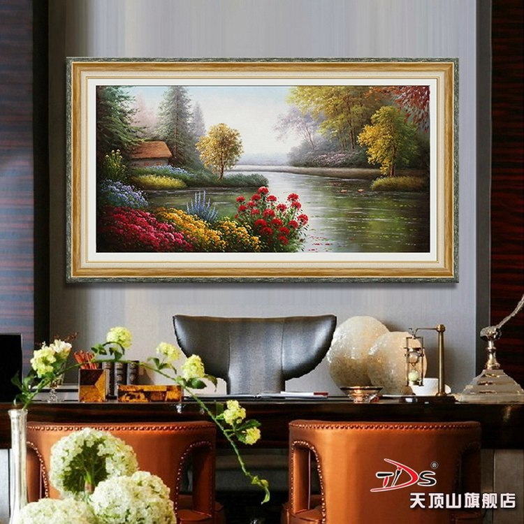 天顶山 现代客厅欧式沙发背景墙有框三联画卧室壁画挂画大幅挂画 欧式复古风景 83*143CM