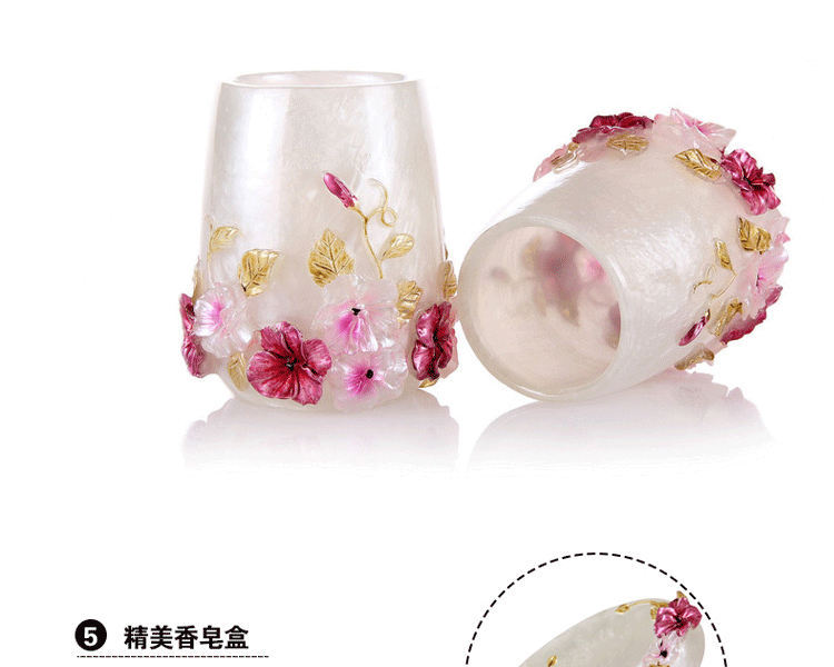 
                                        欧式卫浴洗漱五件套装精美浪漫浴室用品树脂绘画浮雕香皂盒创意时尚新婚礼品礼物 红花绿叶五件套                
