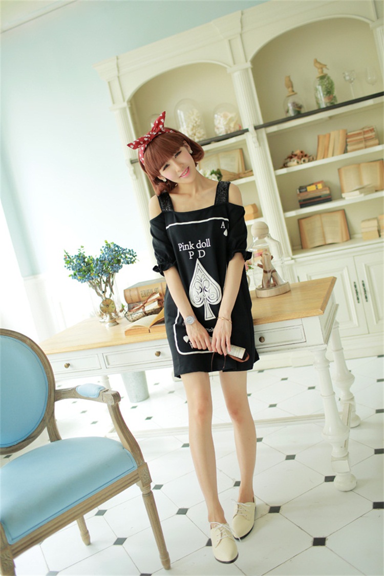 韩版时尚宽松少女装露肩短袖字母印花休闲吊带连衣裙 夏-3050 白色 m