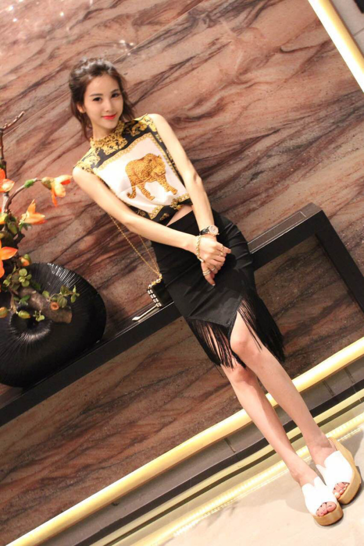 露奈儿 2015新款夜店性感女装夏装时尚印花上衣+流苏半身裙两件套休闲套装女夏360 图片色 均码