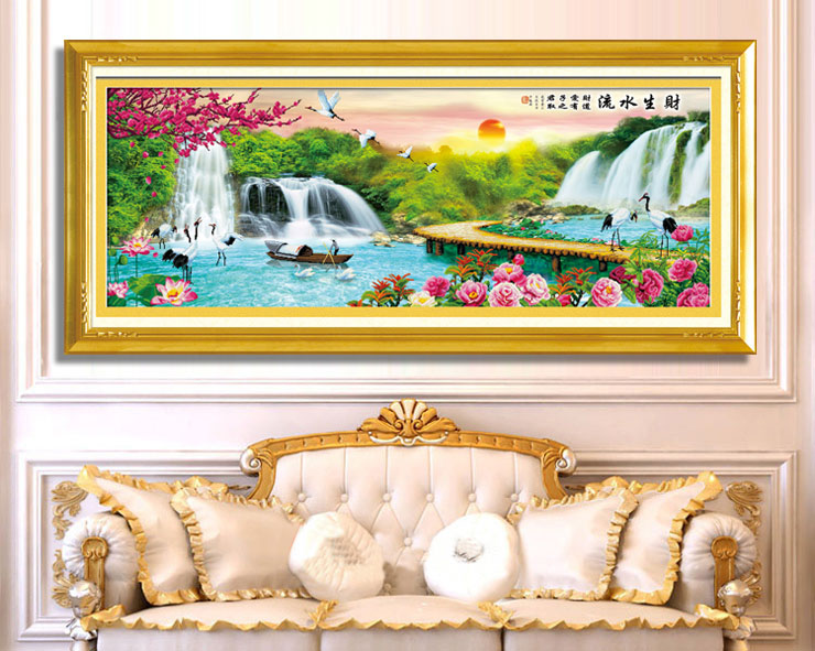3D十字绣100精准印花新款客厅系列山水画流水生财生财有道大幅风景大画 3D棉线印花185*73CM