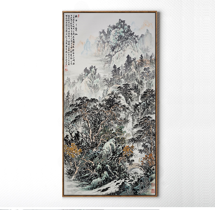 
                                        墙蛙 石径深山处客厅装饰画山水画国画办公室挂画中式沙发背景墙画壁画 洪水发 原木细框-ABC一套 外框尺寸52cmX102cm                