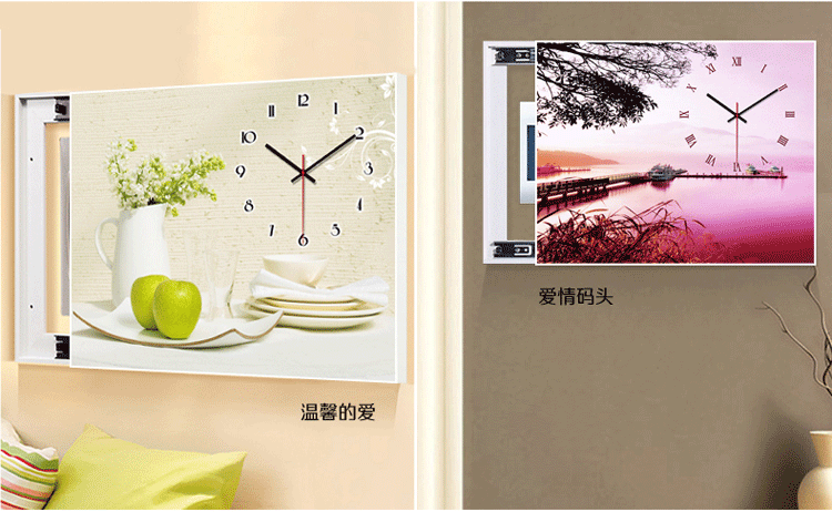 欧喆水晶画面电表箱装饰画可推拉带钟挂钟 钟表配电箱遮挡画电闸箱 客厅装饰画 08 60*40CM  可挡50*30
