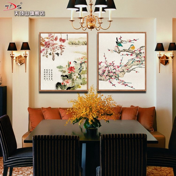 
                                        天顶山 新中式客厅装饰画国画花鸟沙发背景墙画有框三联画书房办公室挂画玄关画 简约中式三联 木纹框 50*70CM                