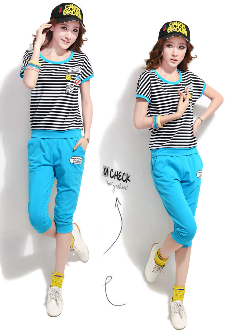 The Pei-hee 2015 new summer leisure package Korean Stylish Girl stripes short-sleeved 7 pants Kit uniforms blue XXL pictures, price, brand platters! Elections are good character, the national distribution, so why buy now enjoy more preferential! Health