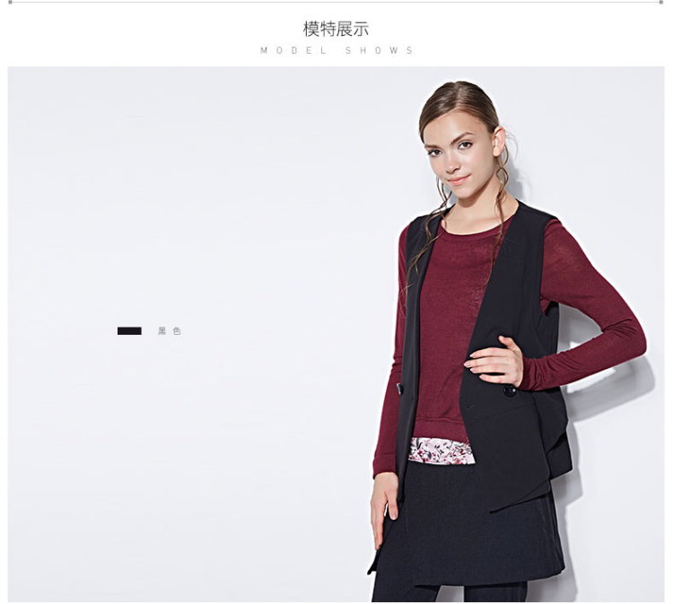 2015新款秋装 百褶雪纺拼接简约一粒扣纯色马夹女S143044W30 黑色 160/84A/M