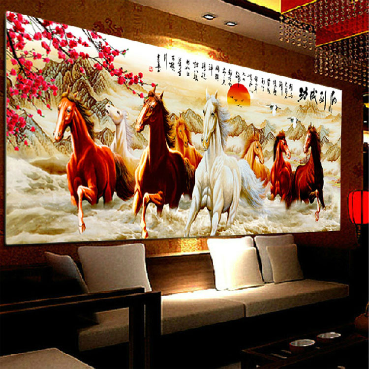 
                                        世轩印花十字绣马到成功八骏图新款八马图客厅大画动物八匹马系列 9ct棉线印花2.3X1.0米满绣                