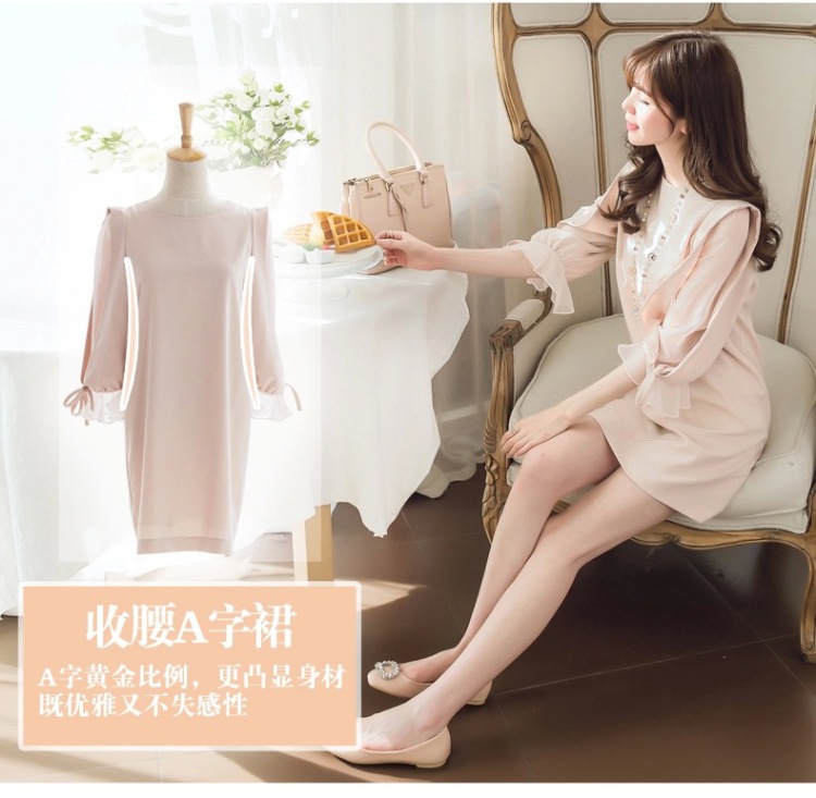 纯色贯列 2015夏春新款女装 韩版修身七分袖蝴蝶结中长款舒适雪纺打底连衣裙夏 藕色 XL
