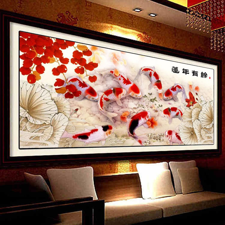 
                                        皇室珍品蒙娜丽十字绣客厅新款九鱼图连年有余赏鱼图大幅图精准印花2米非满绣 3股线绣11CT棉线印花150*75                