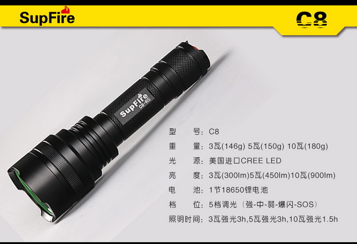 supfire神火c8强光手电筒c8-t6 c8-r5 c8-xpe三种功率