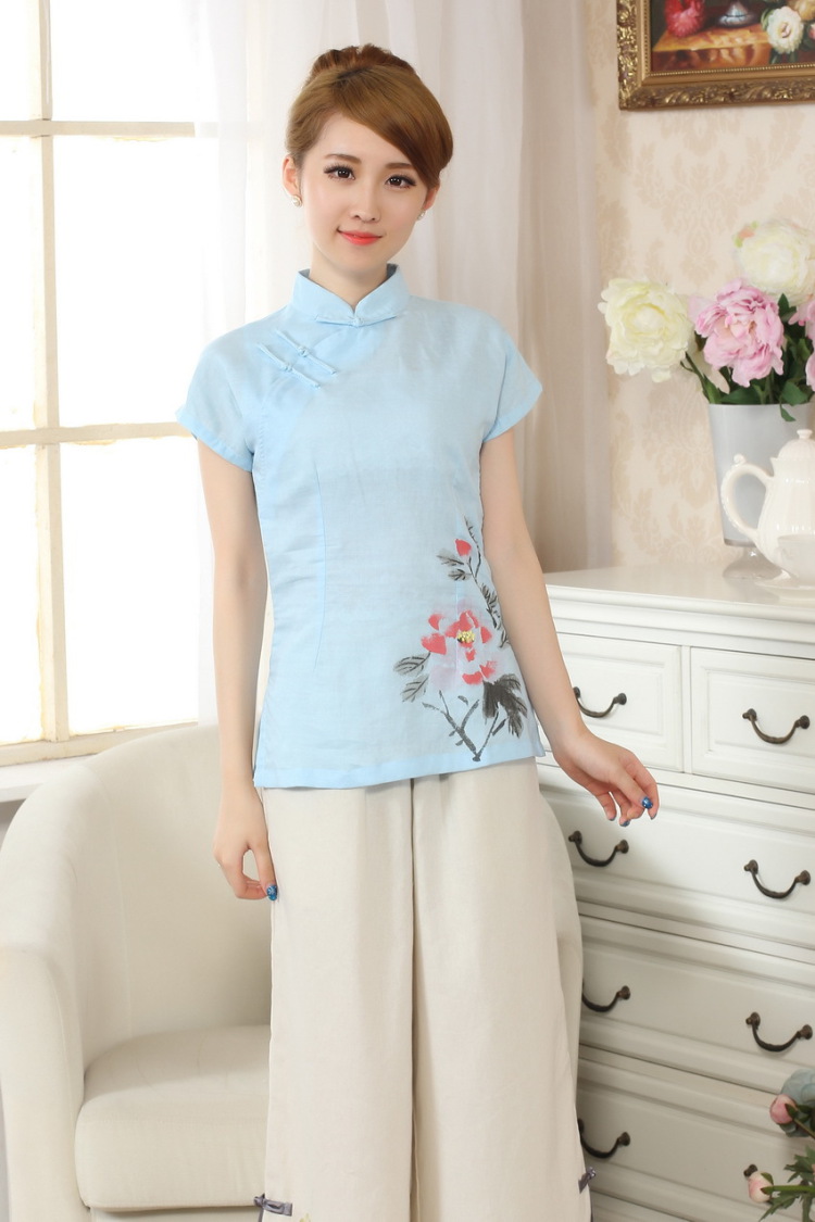 The frequency response, Ms. Tang Women's clothes summer wear T-shirt, cotton for the hand-painted Chinese Han-female improved Tang replace short-sleeve - A blue L pictures, price, brand platters! Elections are good character, the national distribution, so why buy now enjoy more preferential! Health