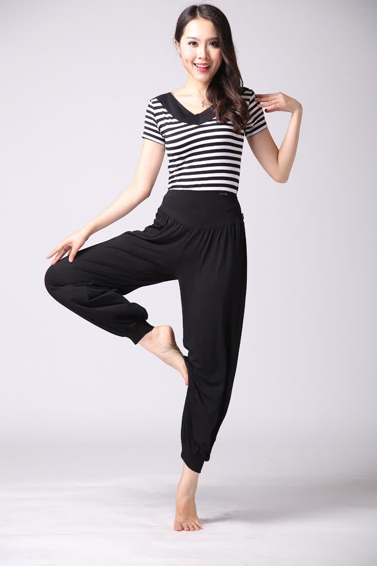 广场舞服装舞蹈服套装v领条纹显瘦舞台演出服跳操服 上衣 碎花七分裤