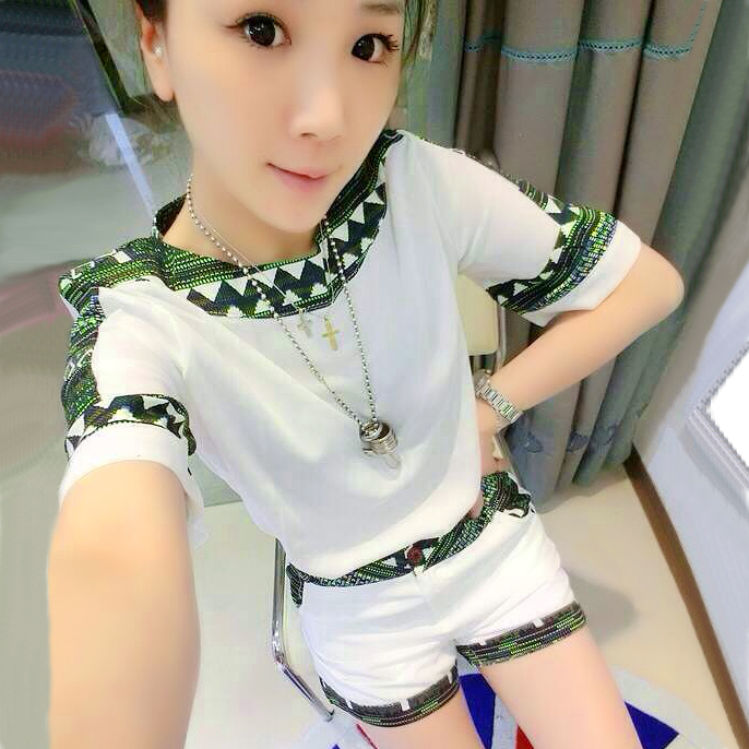 夏尔维纳2015夏装新品韩版时尚气质简约偏薄短袖短裤拼接雪纺衫套装女装两件套0511 天蓝色 M