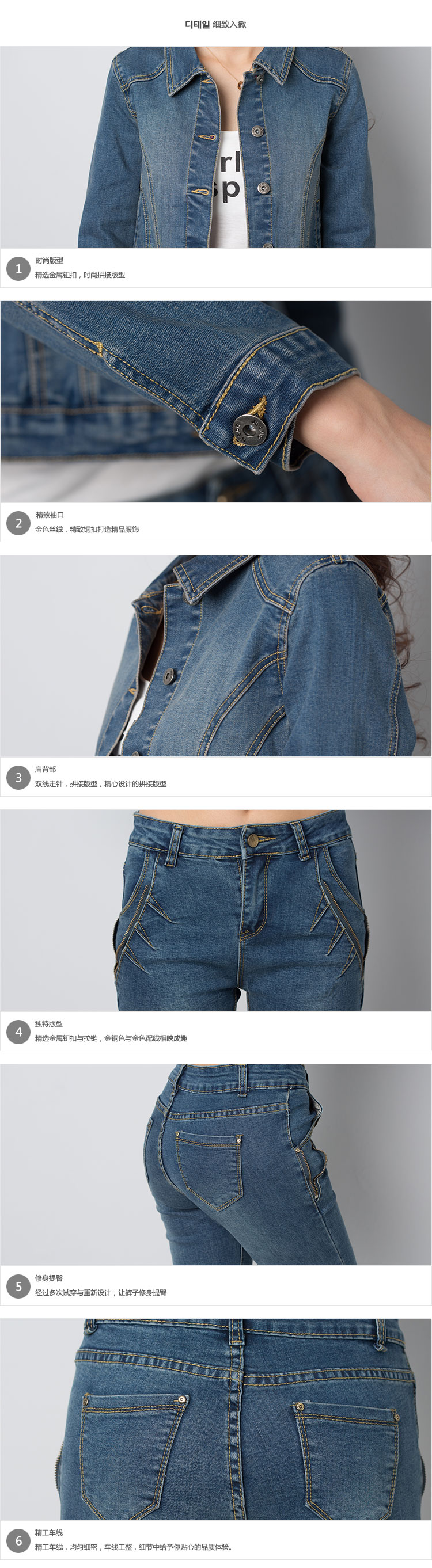 春秋季休闲时尚牛仔套装女装翻领长袖上衣外套弹力牛仔两件套 蓝色 32码