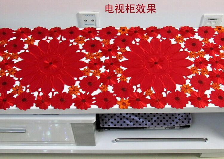 好多家 贡缎桌旗中式现代餐桌布茶几旗美式镂空电视柜旗床旗桌布红色喜庆镂空桌垫电视罩 红色 桌旗42*119cm