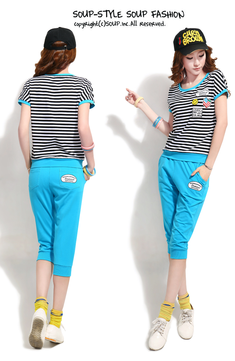 The Pei-hee 2015 new summer leisure package Korean Stylish Girl stripes short-sleeved 7 pants Kit uniforms blue XXL pictures, price, brand platters! Elections are good character, the national distribution, so why buy now enjoy more preferential! Health