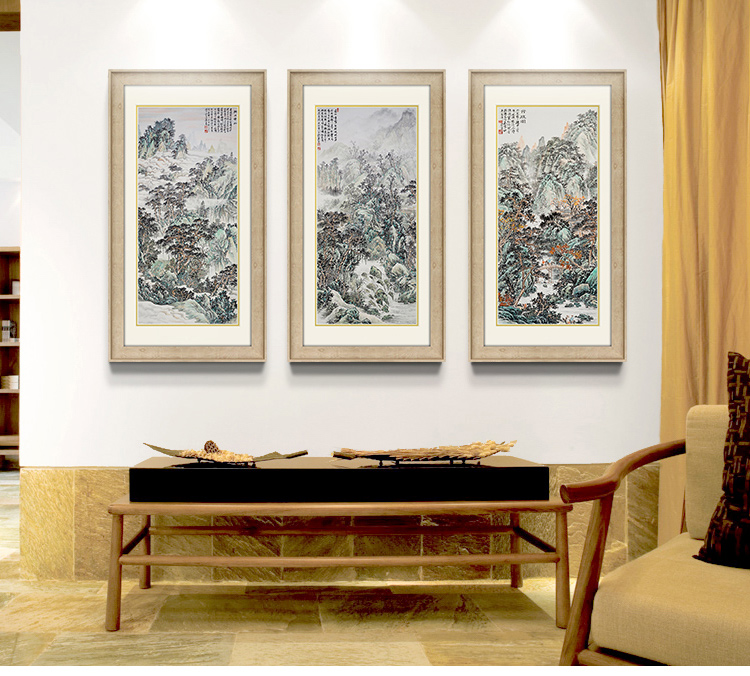 
                                        墙蛙 深山客厅装饰画山水画国画办公室挂画中式沙发背景墙画壁画 洪水发 ABC一套 素雅木纹画框 外框尺寸48cm*88cm                
