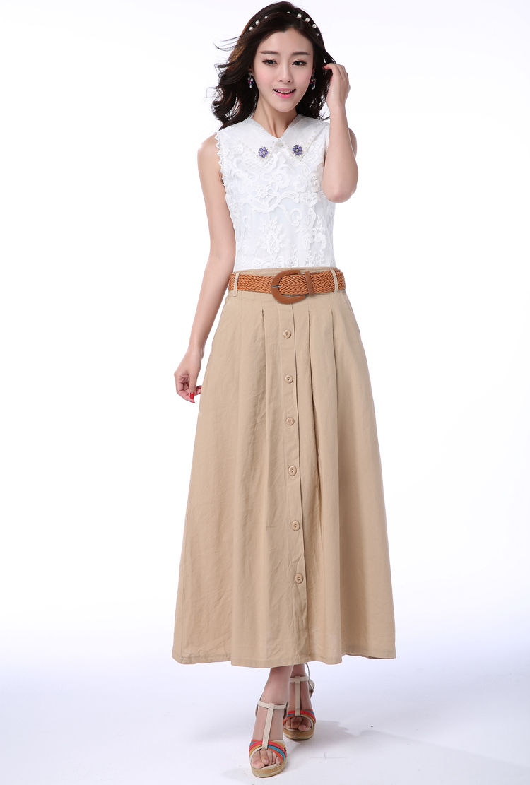 贝妮鹿2015夏季新款女裙半身裙子中长款棉麻长裙文艺高腰半身长裙休闲显瘦 蓝色 L