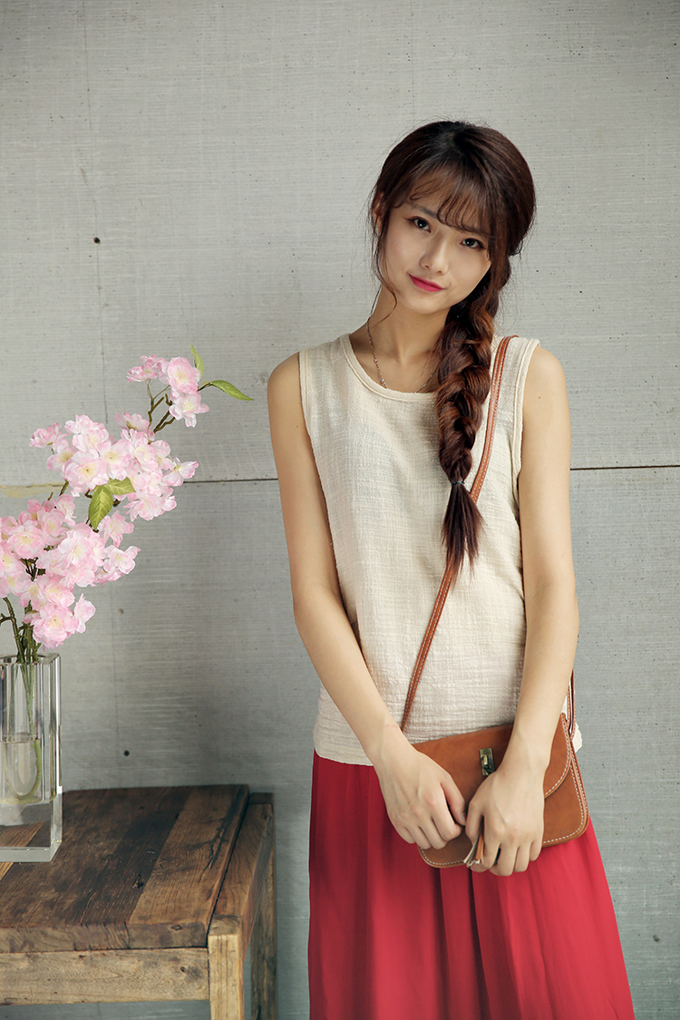 女装新款竹节棉麻背心宽松文艺清新民族风吊带亚麻t恤b3632 米白色 l