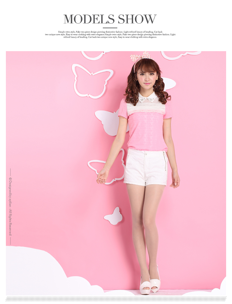 阿依莲2015夏装新款 甜美短袖套头上衣 肩部微透钉珠提花蕾丝衫CA42233042 水晶蓝 XL