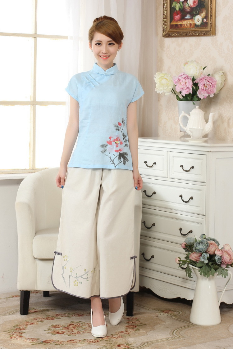 The frequency response, Ms. Tang Women's clothes summer wear T-shirt, cotton for the hand-painted Chinese Han-female improved Tang replace short-sleeve - A blue L pictures, price, brand platters! Elections are good character, the national distribution, so why buy now enjoy more preferential! Health