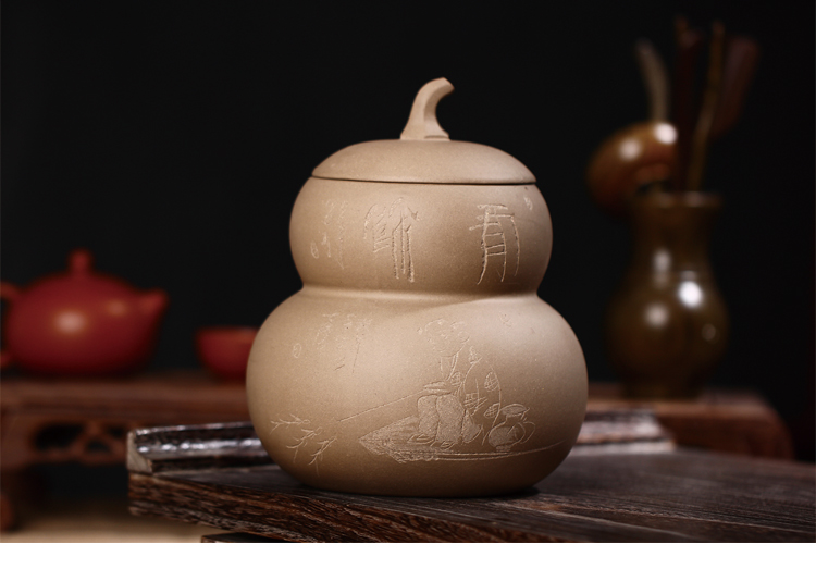 品茶忆友 紫砂葫芦茶叶罐 紫砂大码储茶罐 大号密封罐茶缸 红色