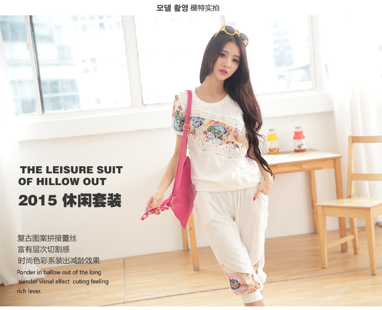 叶惠美 货到付款 2015夏装新款  韩版蕾丝花边学院甜美七分裤休闲时尚套装 白色 L