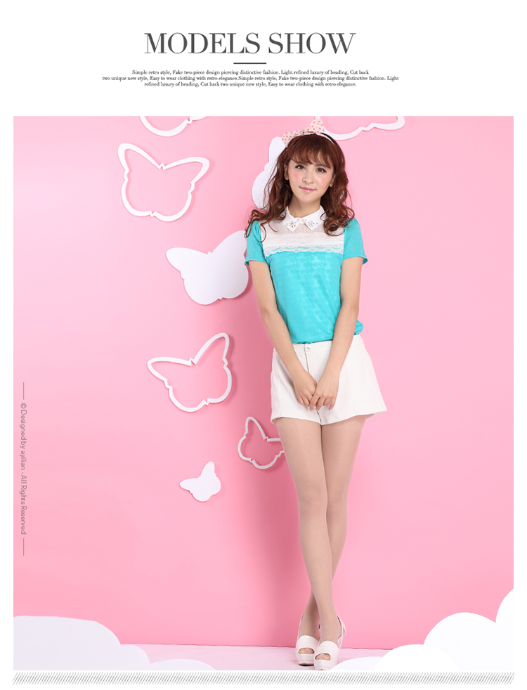 阿依莲2015夏装新款 甜美短袖套头上衣 肩部微透钉珠提花蕾丝衫CA42233042 水晶蓝 XL