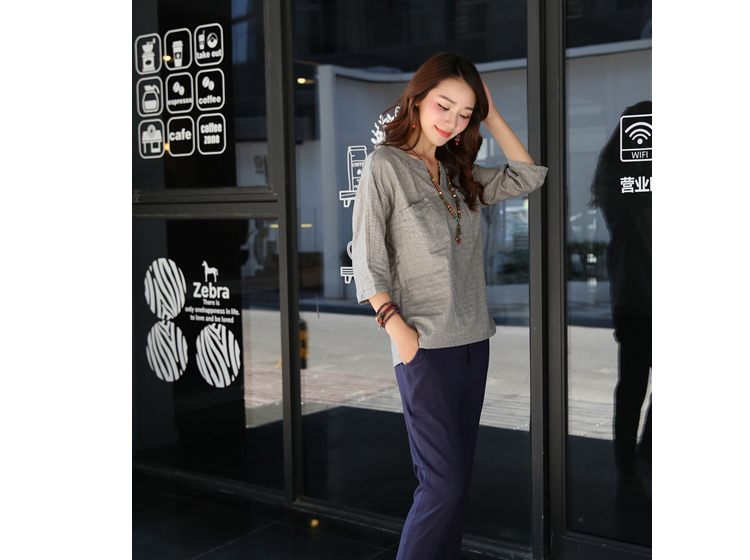 优和 2015秋装新款棉麻气质印花大码七分袖T恤女 TX075 蓝色 3XL